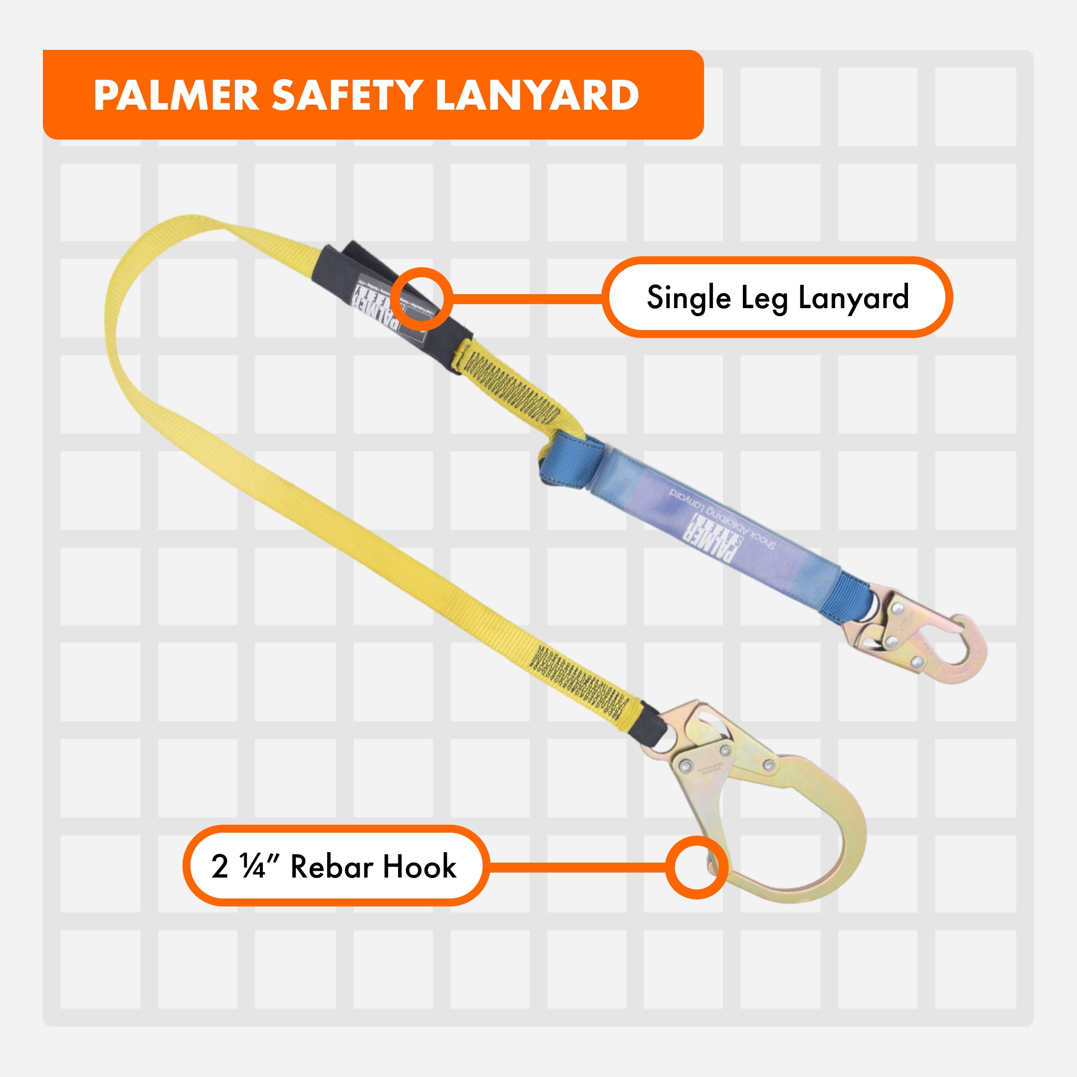 Palmer Safety Rebar Lanyard | Single Leg | Snap Hook | ANSI Compliant