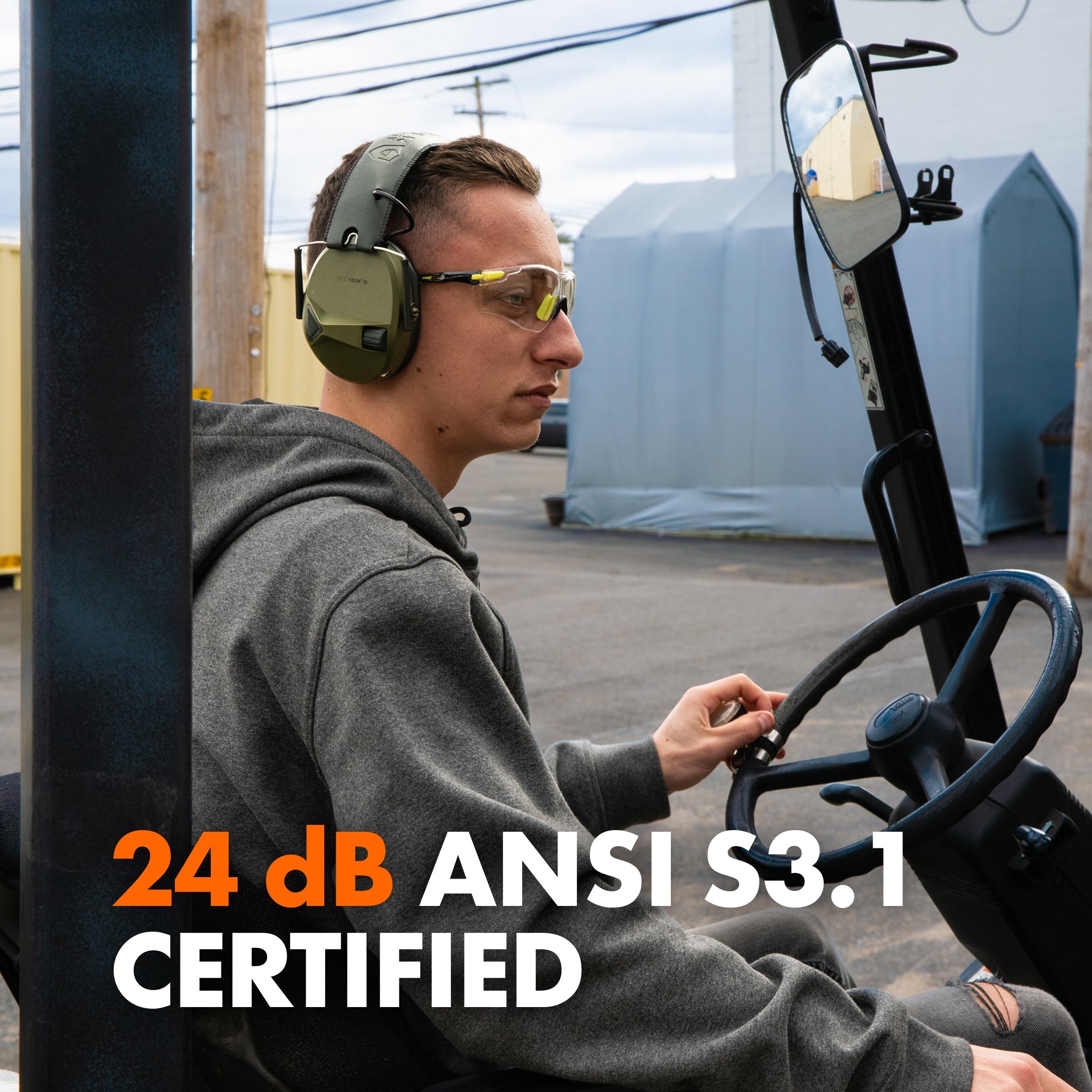 DECITECH™ E1 Electronic Hearing Protection, Over the Head Earmuffs, 24 NRR - Defender Safety