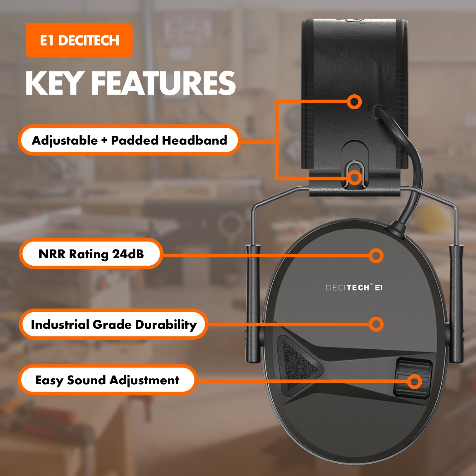 DECITECH™ E1 Electronic Hearing Protection, Over the Head Earmuffs, 24 NRR - Defender Safety