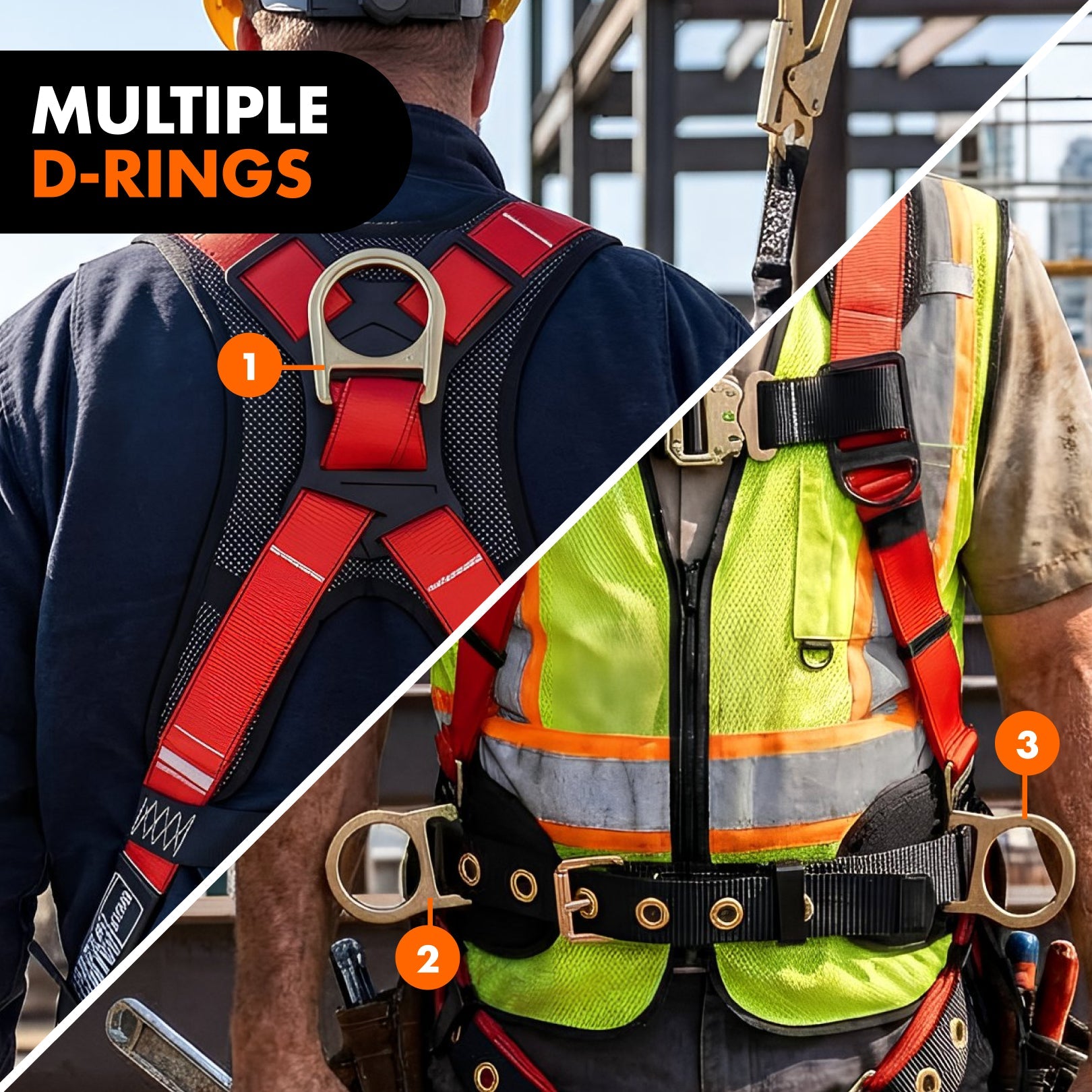 Hammerhead™ Series Harness 5pt., Padded Back, QCB Chest, Tongue & Buckle Leg Straps, SRL Back Plate, Positioning Belt with Side D - Rings - Defender Safety