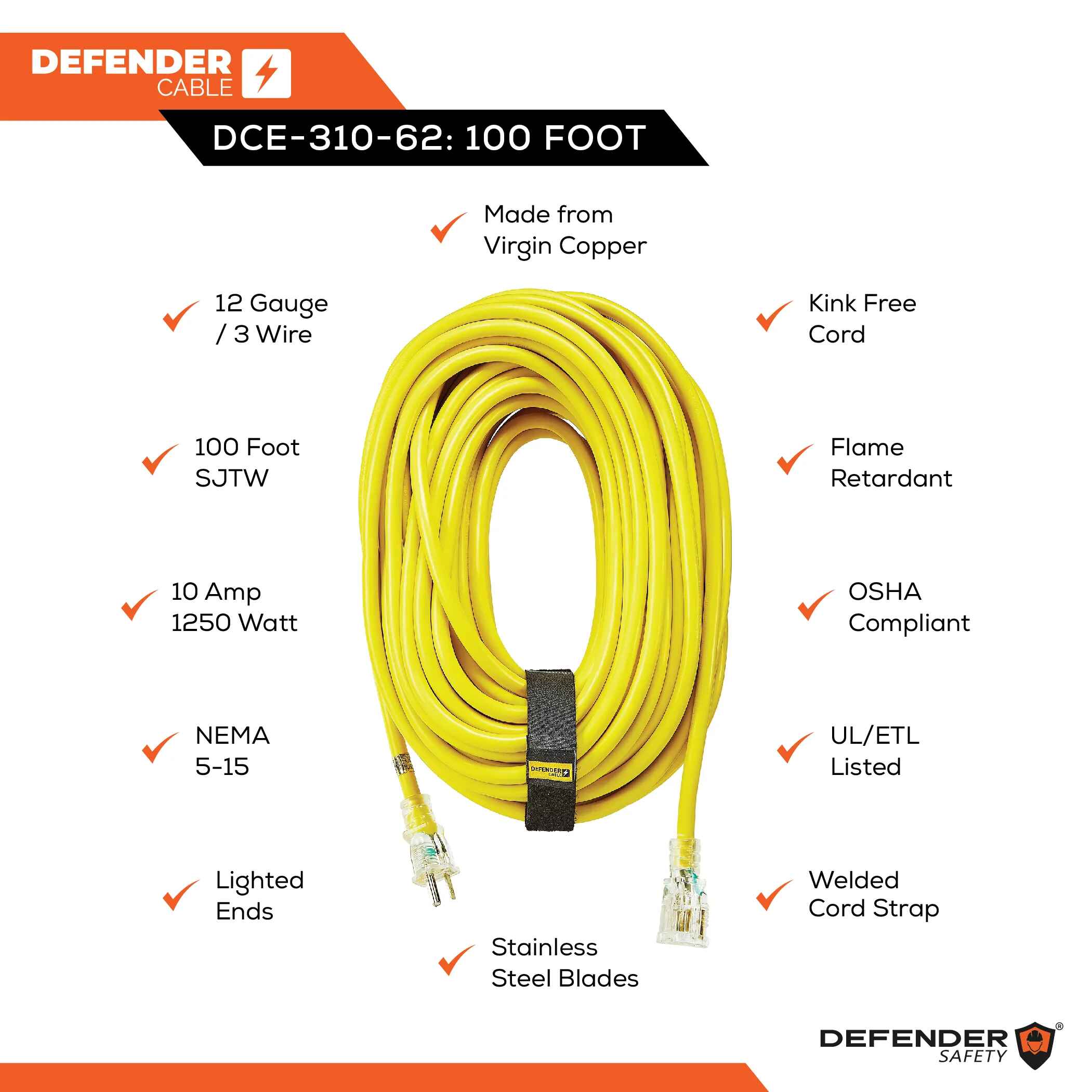 100 ft Outdoor 12/3 Extension Cord, PPE Safety Products