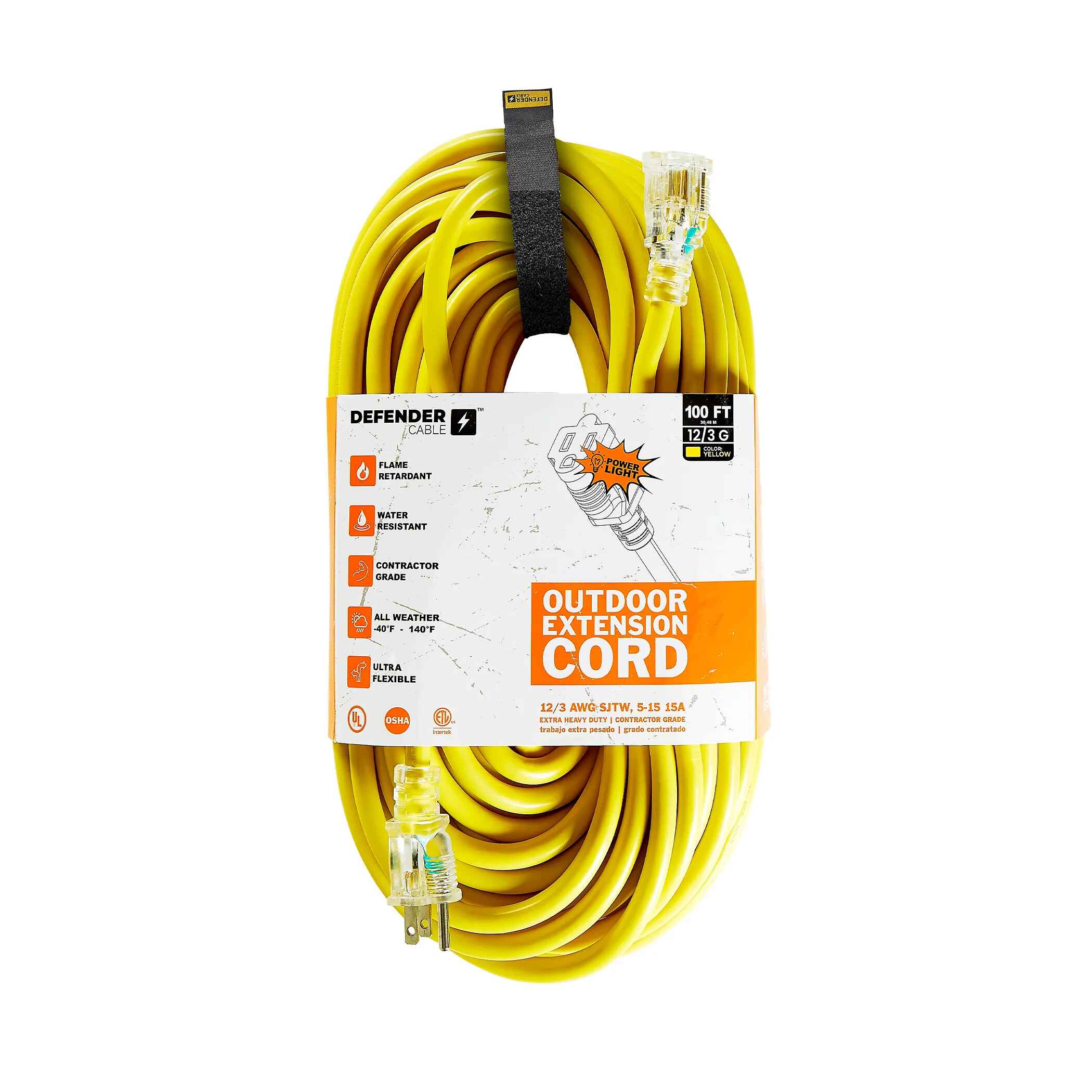 12/3 Gauge, 100 ft SJTW w/ Lighted End Contractor Grade Extension Cord, UL/ETL Listed