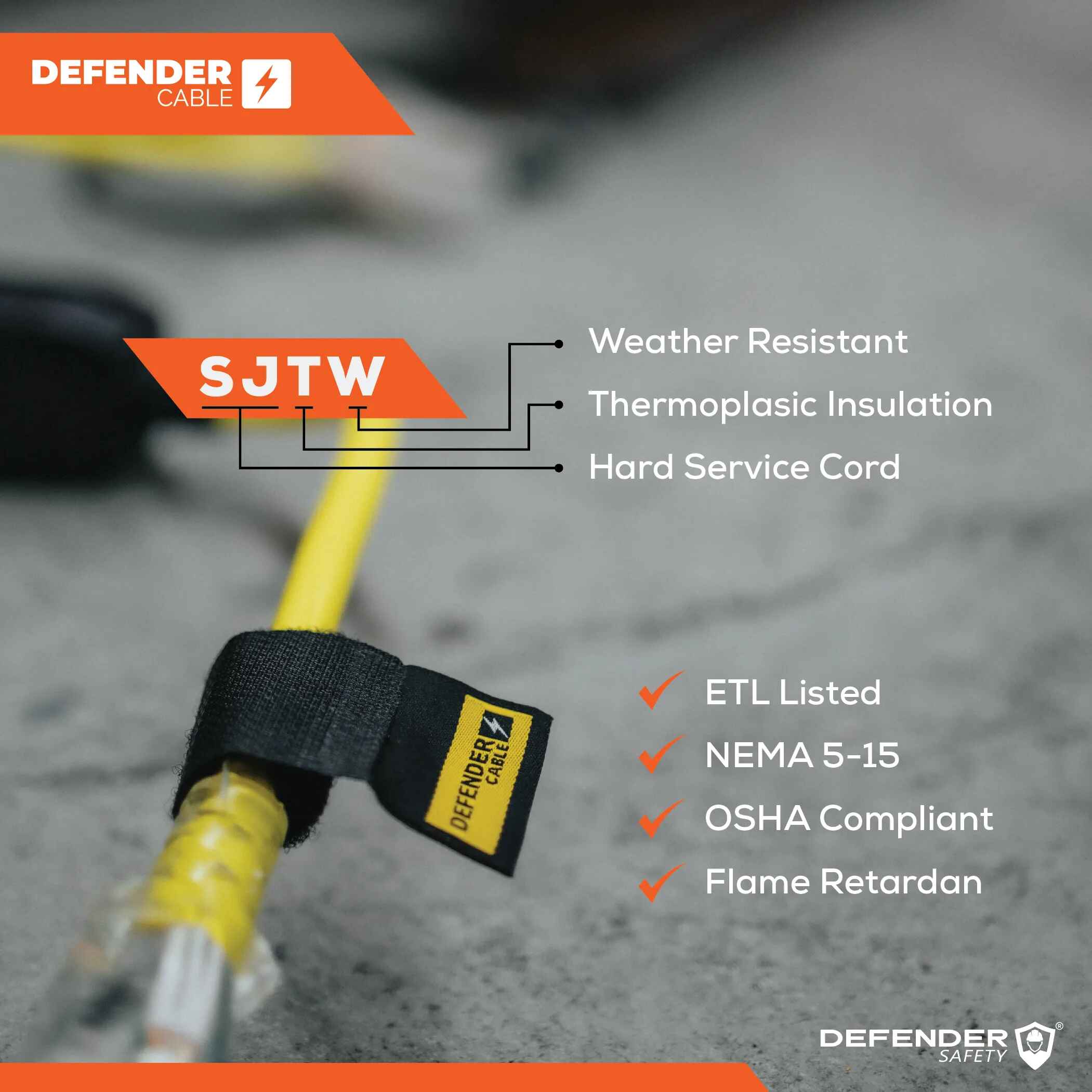 12/3 Gauge, 50 ft SJTW Extension Cords. Contractor Grade, UL/ETL Listed - Defender Safety