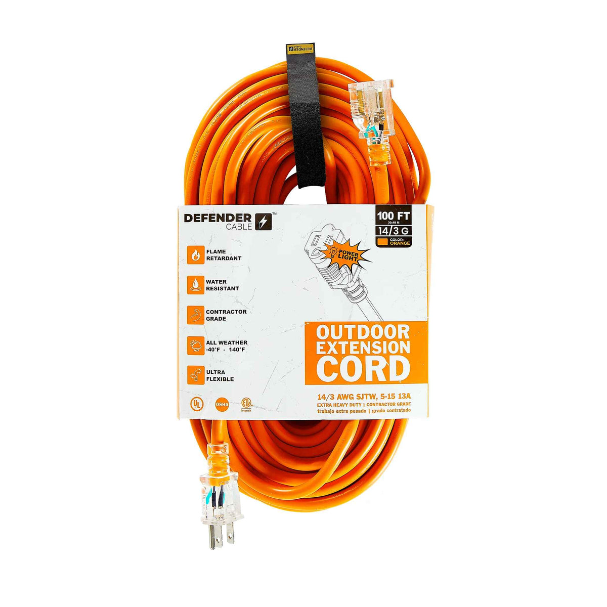 14/3 Gauge, 100 ft SJTW w/ Lighted End Contractor Grade Extension Cord