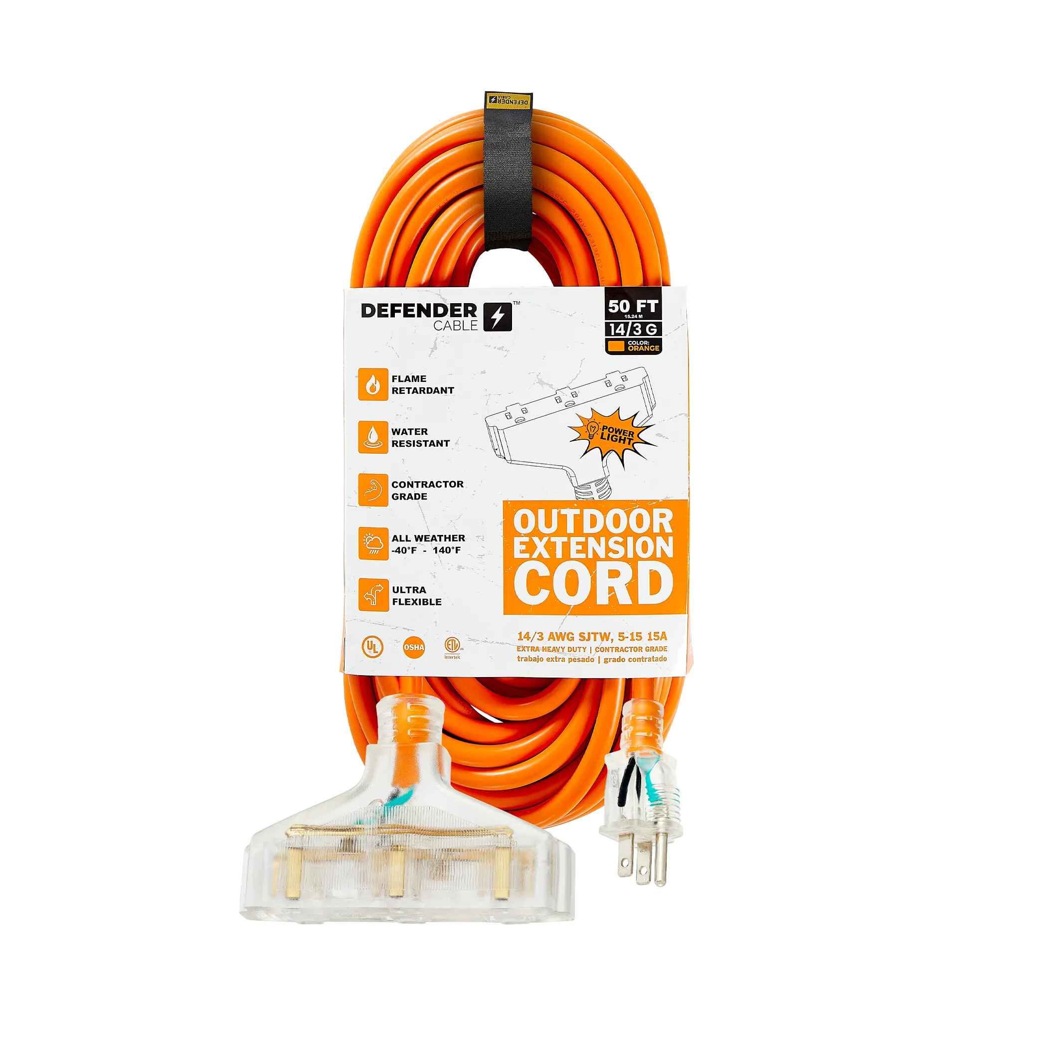 Defender Cable 14/3 Gauge, 50 ft Triple Outlet SJTW Contractor Grade Extension Cord, with Lighted end,UL/ETL Listed, All Purpose (Osha Compliant)