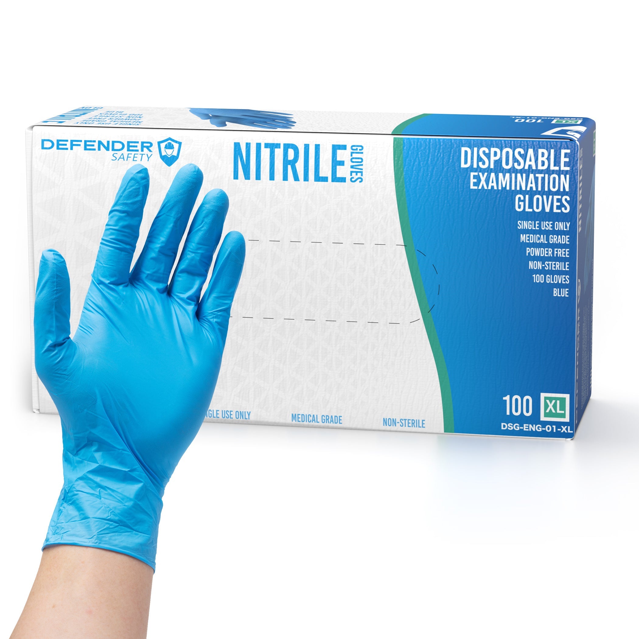 Defender Safety Nitrile Examination Gloves, Medical Grade, Chemo-Rated, 3.5 mil, Powder-Free (Blue)
