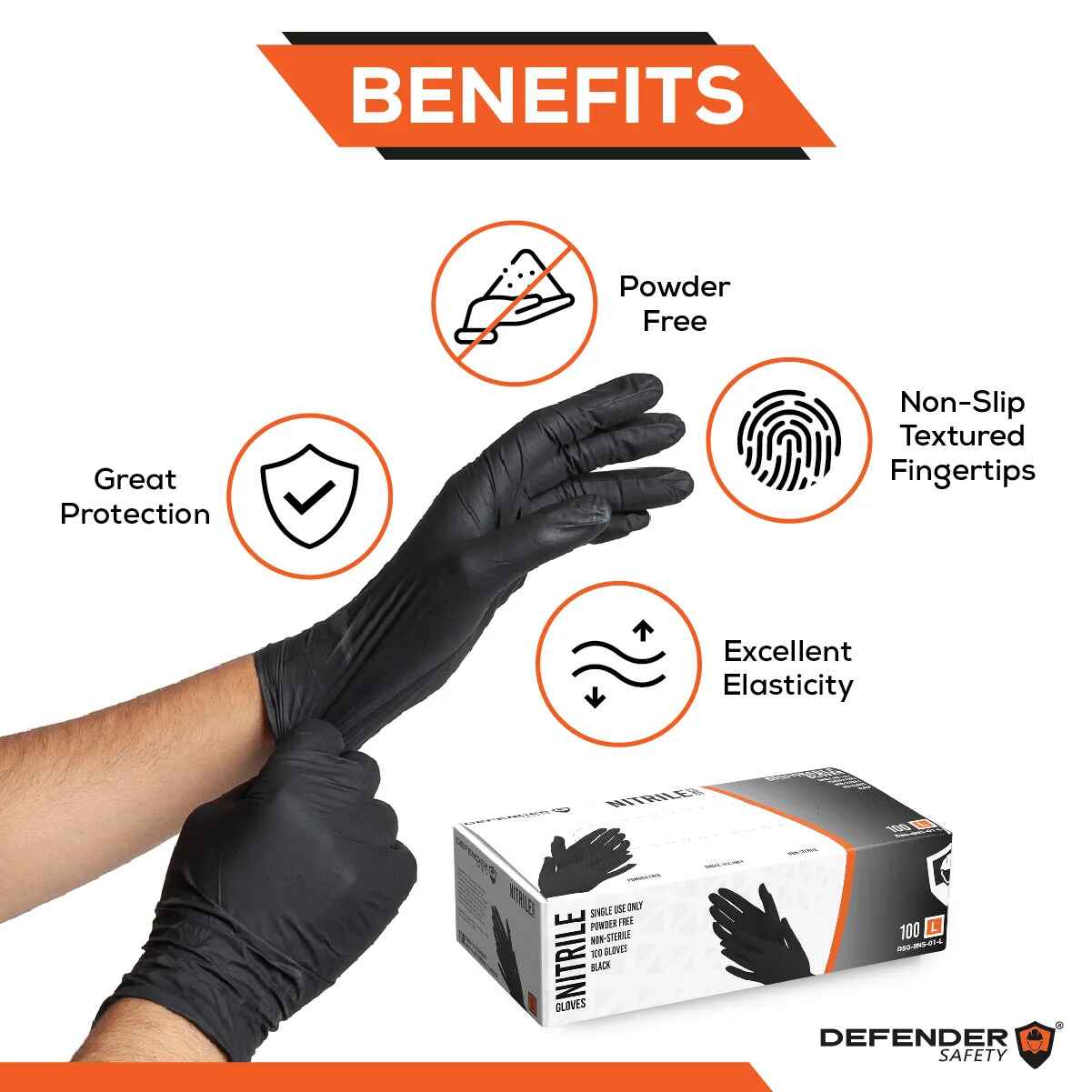 6 Mil Black Nitrile Gloves, Heavy Duty, Chemical Resistant, Powder Free - Defender Safety