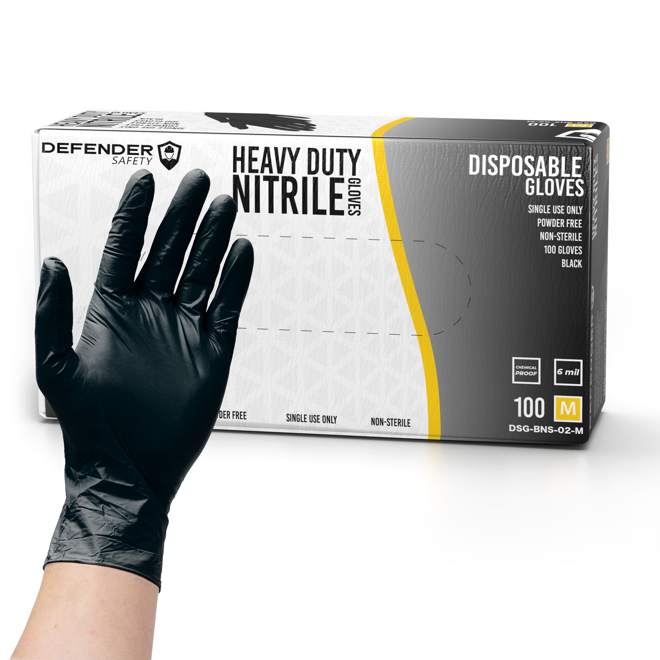 6 Mil Black Nitrile Gloves, Heavy Duty, Chemical Resistant, Powder Free - Defender Safety