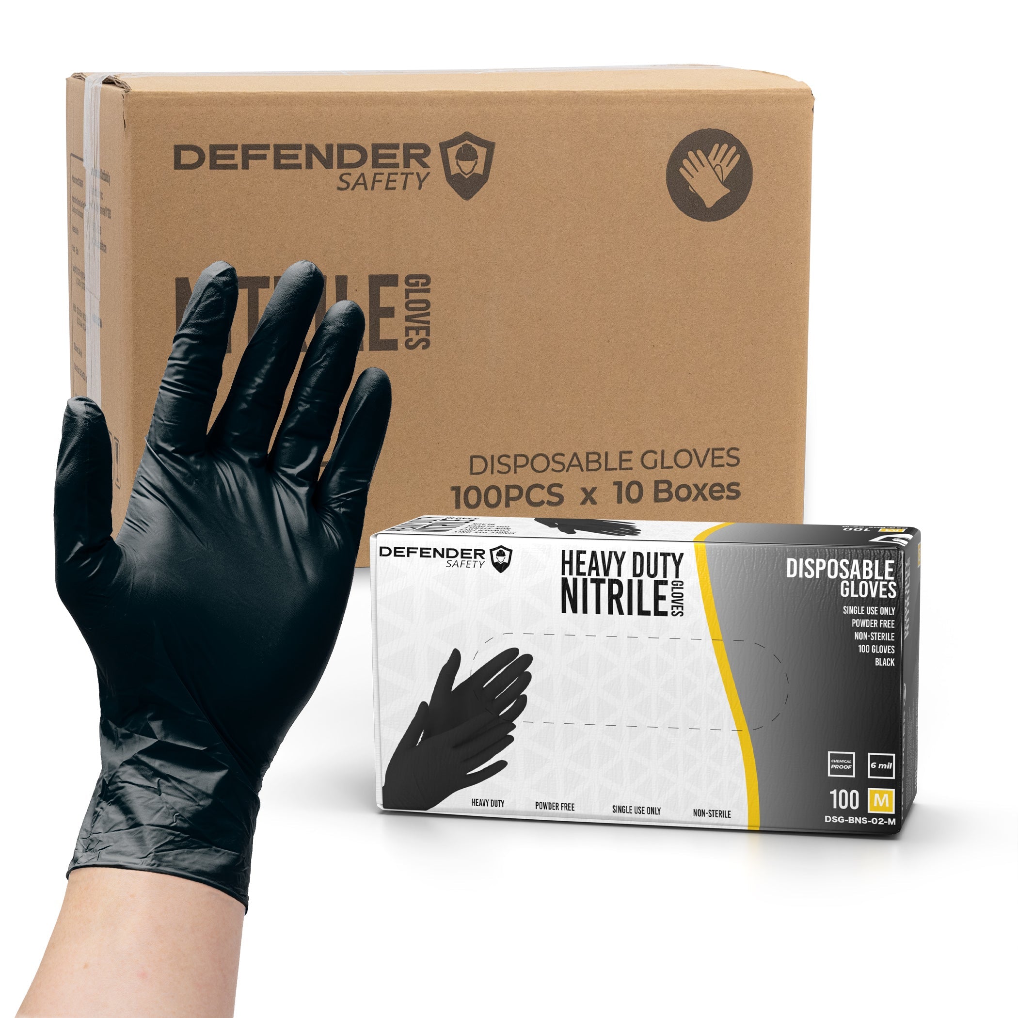 6 Mil Black Nitrile Gloves, Heavy Duty, Chemical Resistant, Powder Free - Defender Safety