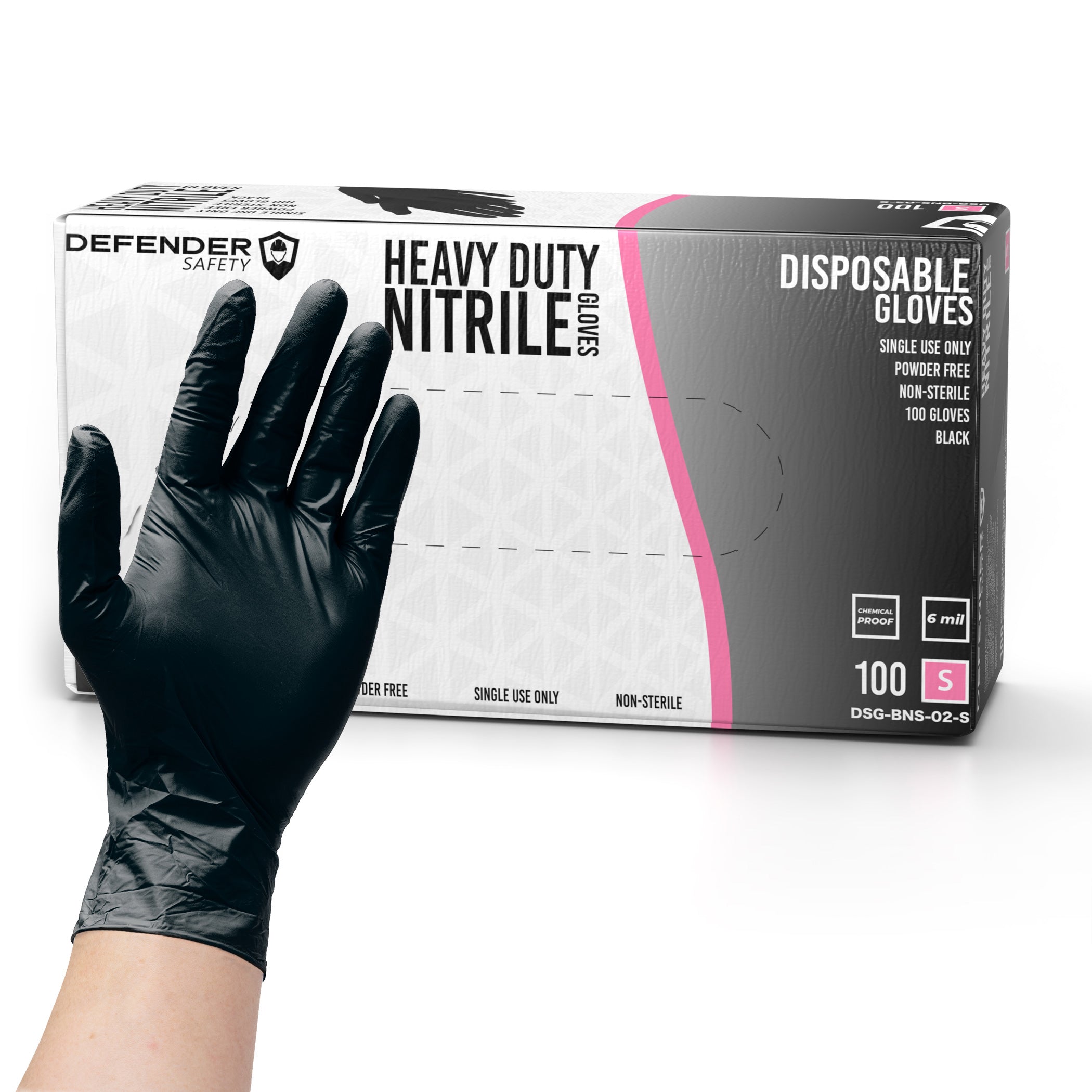 6 Mil Black Nitrile Gloves, Heavy Duty, Chemical Resistant, Powder Free - Defender Safety