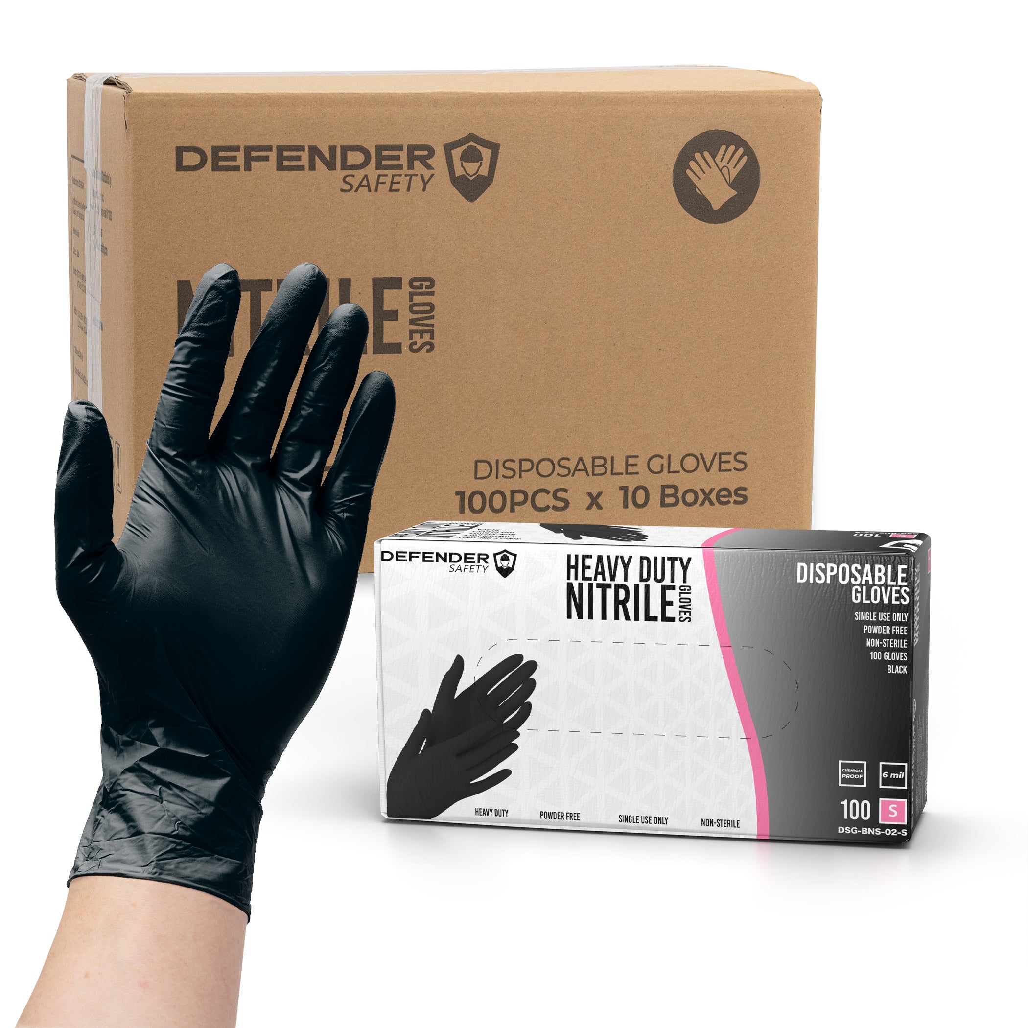 6 Mil Black Nitrile Gloves, Heavy Duty, Chemical Resistant, Powder Free - Defender Safety