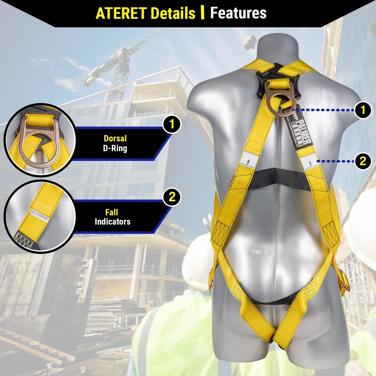 Construction Safety Harness 3 Point Pass-Thru Legs, Back D-Ring, Yellow - Defender Safety