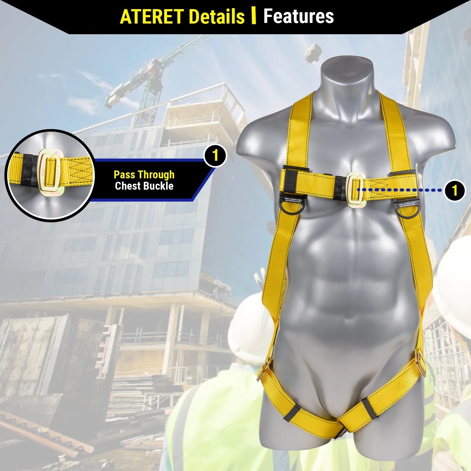 Construction Safety Harness 3 Point Pass-Thru Legs, Back D-Ring, Yellow - Defender Safety