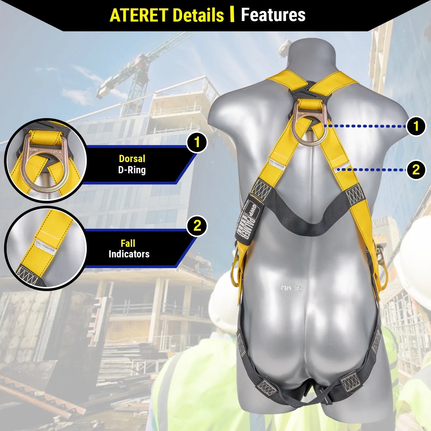 Construction Safety Harness 3 Point Pass-Thru Legs, Back/Side D-Rings - Defender Safety