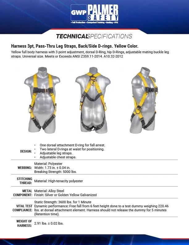 Construction Safety Harness 3 Point Pass-Thru Legs, Back/Side D-Rings - Defender Safety