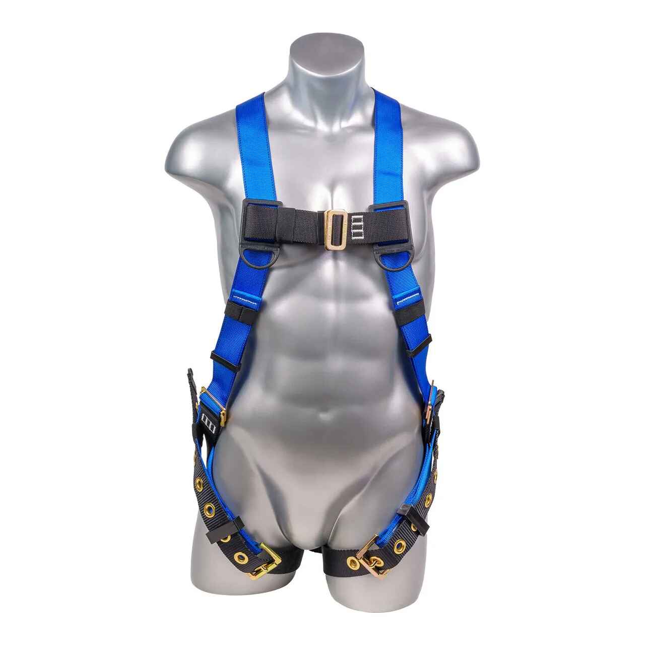 Construction Safety Harness 5 Point, Grommet Legs, Back D-Ring, Blue - Defender Safety