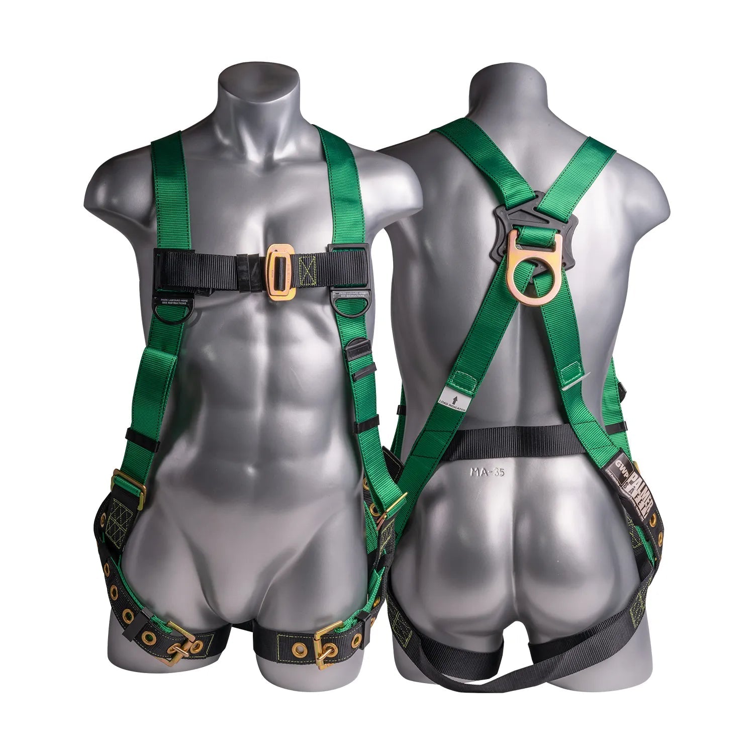 Construction Safety Harness 5 Point, Grommet Legs, Back D-Ring, Green - Defender Safety