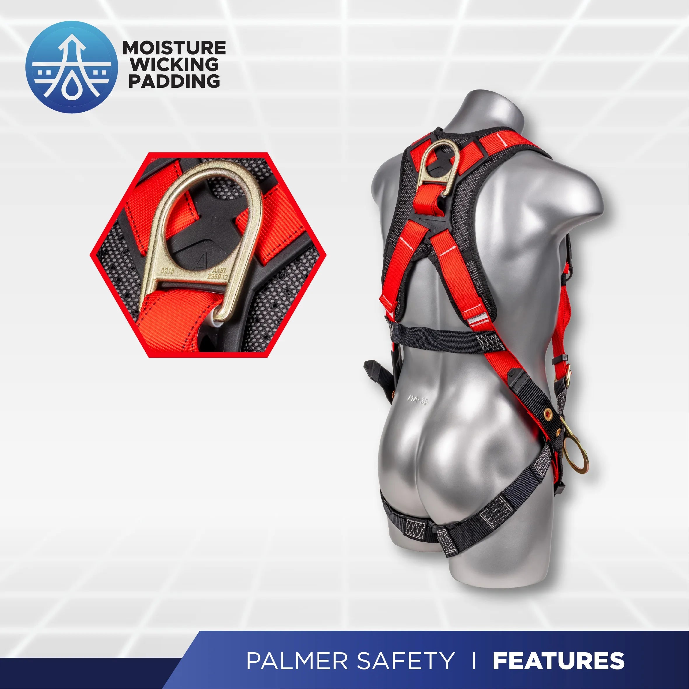 Construction Safety Harness 5 Point, Grommet Legs, Padded Back, Red