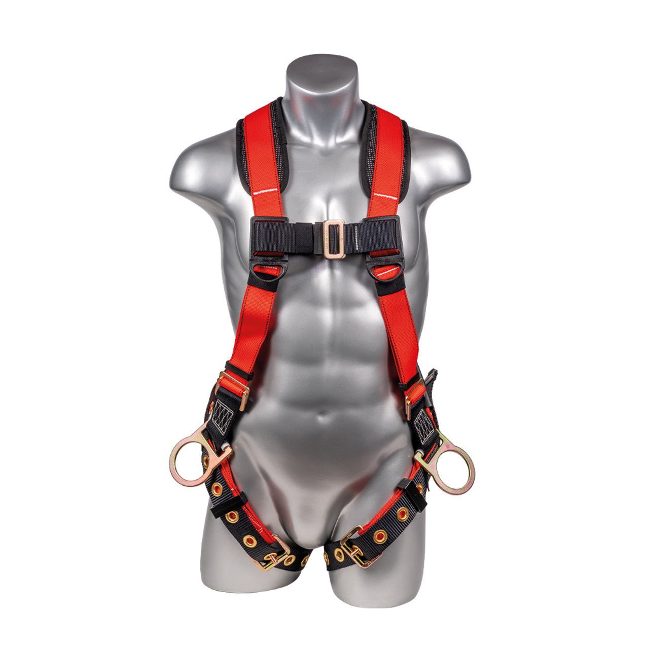 Construction Safety Harness 5 Point, Grommet Legs, Padded Back, Red - Defender Safety