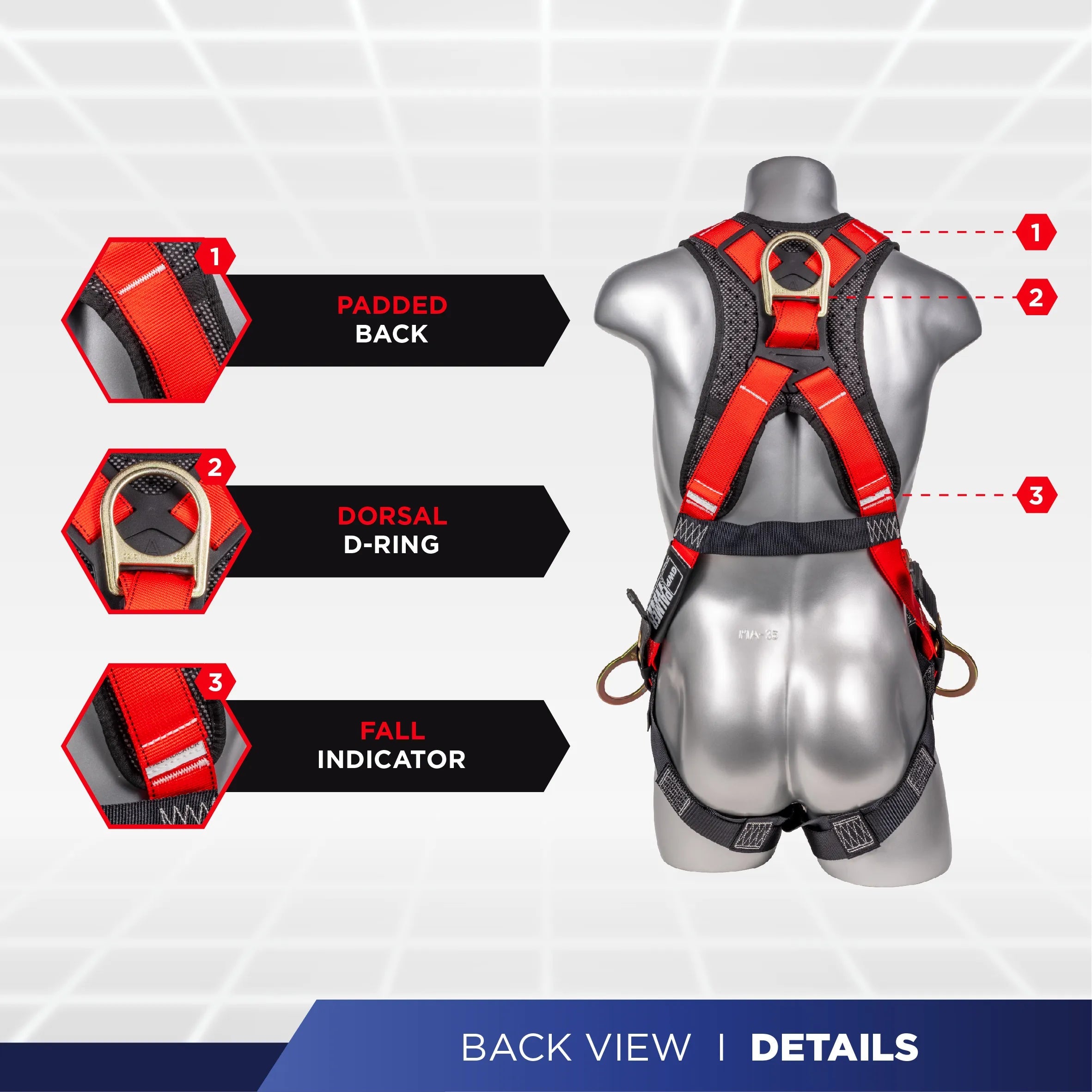 Construction Safety Harness 5 Point, Grommet Legs, Padded Back, Red - Defender Safety