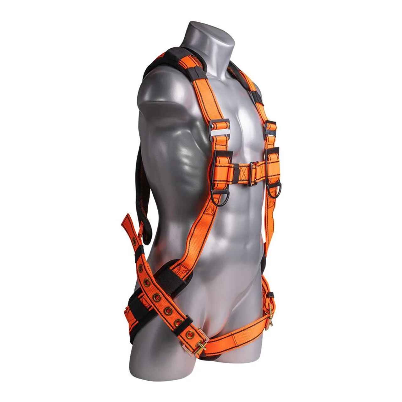 Construction Safety Harness 5 Point, QCB, Padded Back, Grommet Legs, Back D-Rings, Orange - Defender Safety