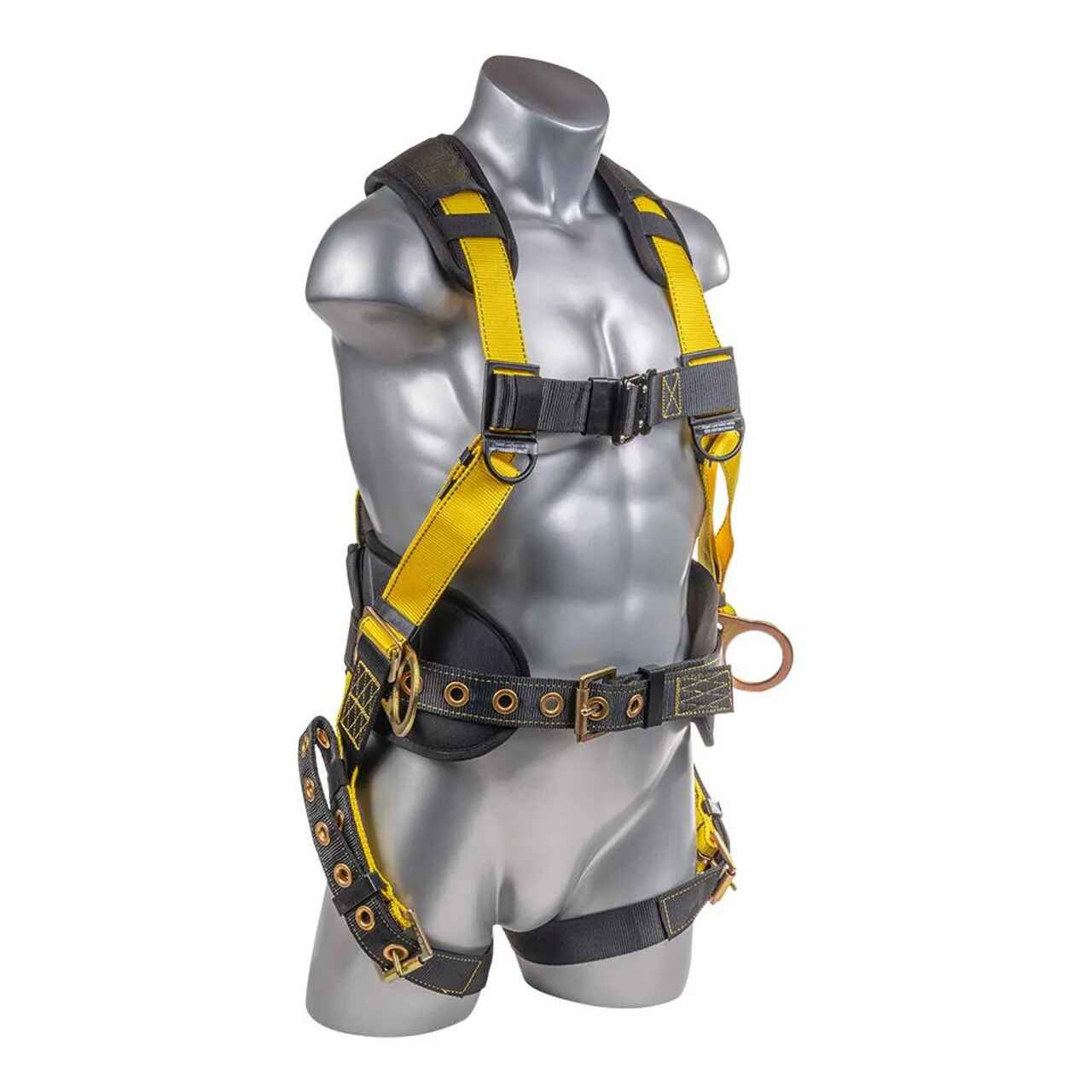 Construction Safety Harness 5 Pt Back Padded, QCB, Grommet Legs Yellow - Defender Safety