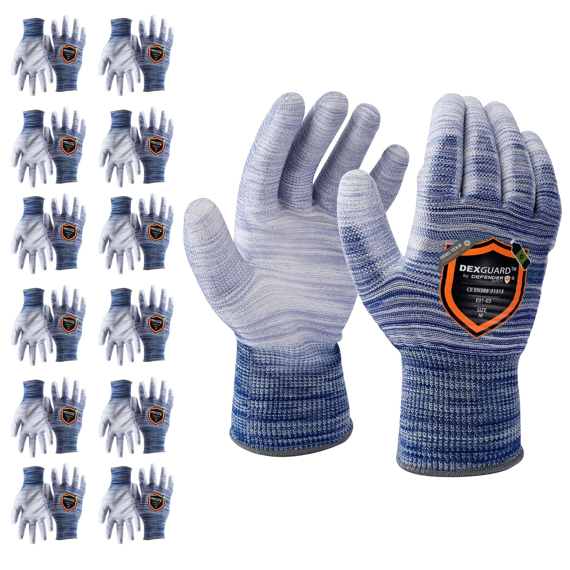 DEXGUARD™ 13G Recycled Polyester Knit Liner, Rainbow Blue Gloves, Abrasion Resistant Level 3, Polyurethane Coating - Defender Safety