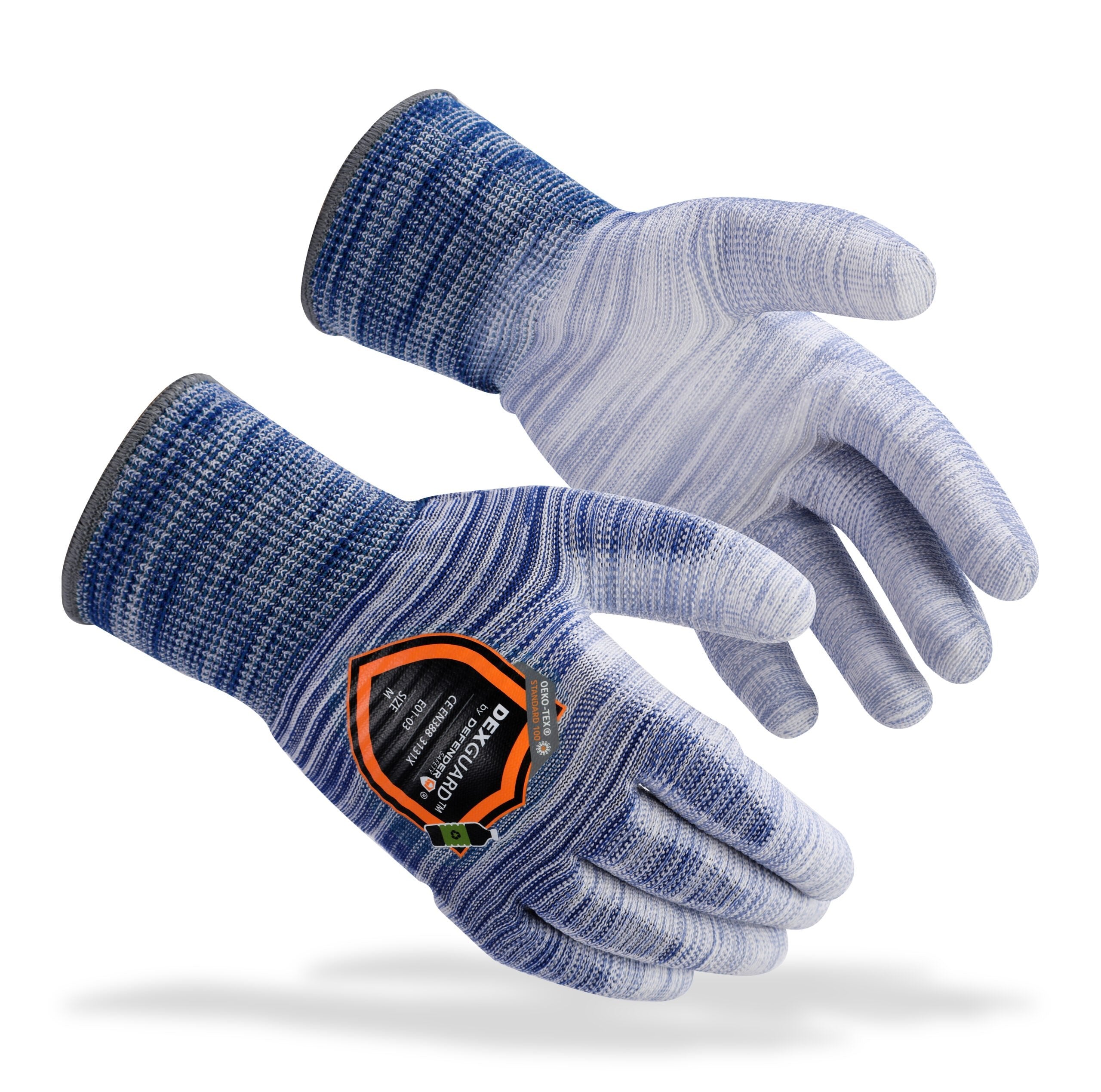 DEXGUARD™ 13G Recycled Polyester Knit Liner, Rainbow Blue Gloves, Abrasion Resistant Level 3, Polyurethane Coating - Defender Safety