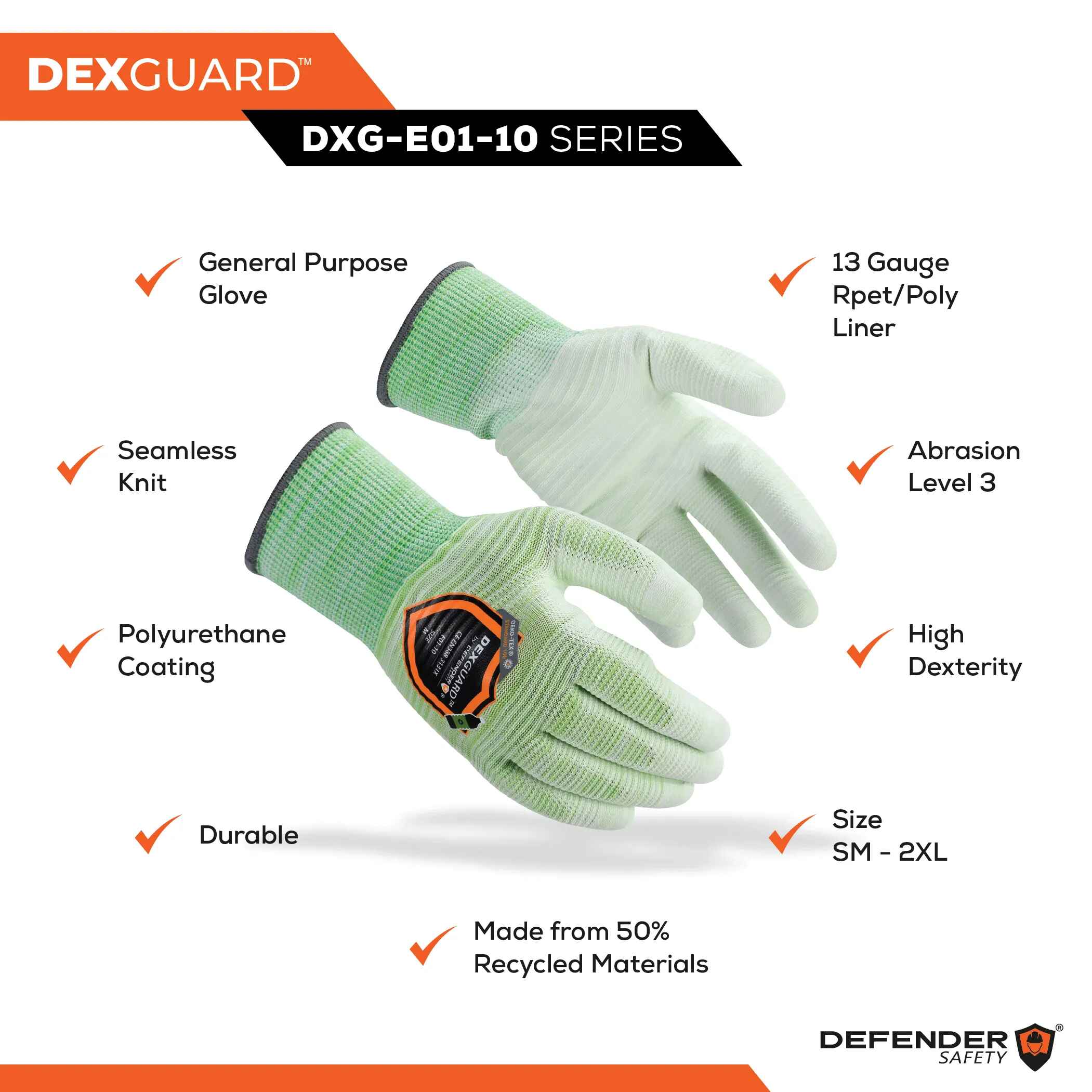 DEXGUARD™ 13G Recycled Polyester Knit Liner, Rainbow Green Gloves, Abrasion Resistant Level 3, Polyurethane Coating - Defender Safety