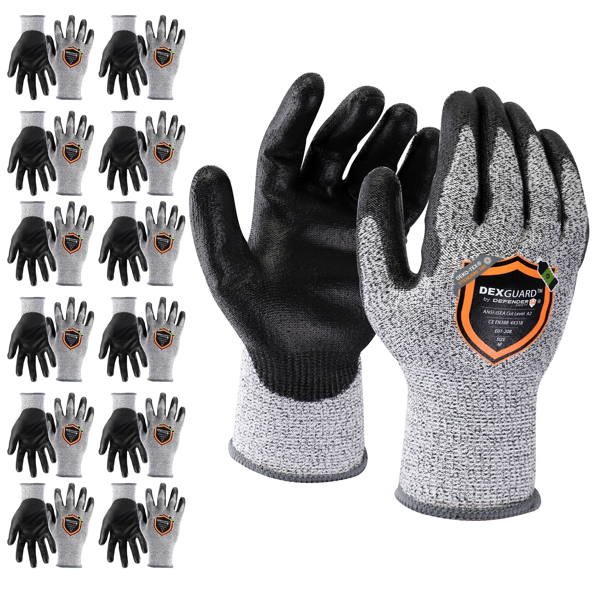 DEXGUARD A2 Cut Glove, 12 Pair Pack, Level 4 Abrasion Resistant, Polyurethane Coated Defender Safety, X-Large