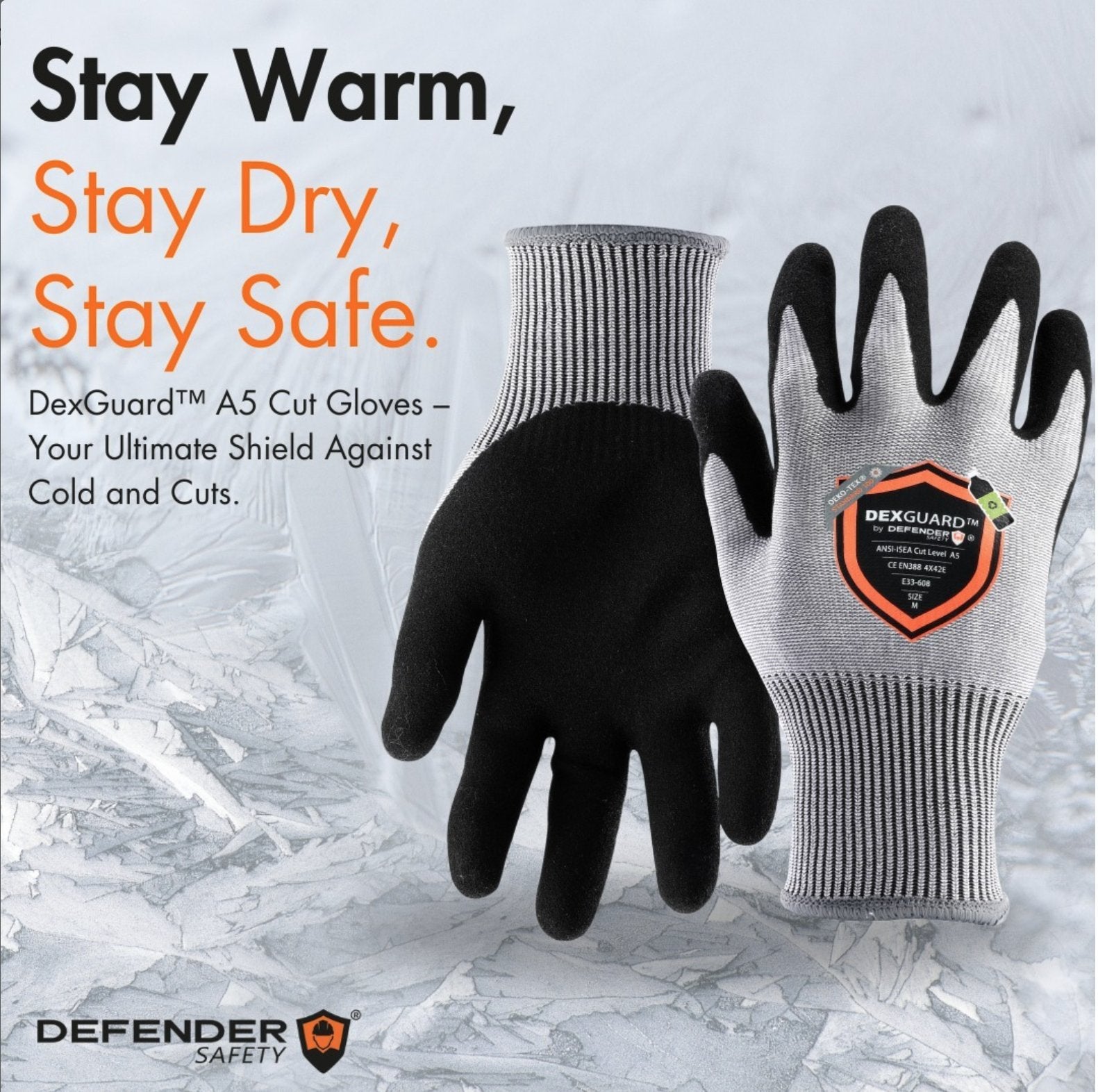 DEXGUARD™ A5 Cut Gloves, Cold Weather 13G Thermal Liner, Water Resistant, Level 4 Abrasion Resistant, Latex Coated - Defender Safety