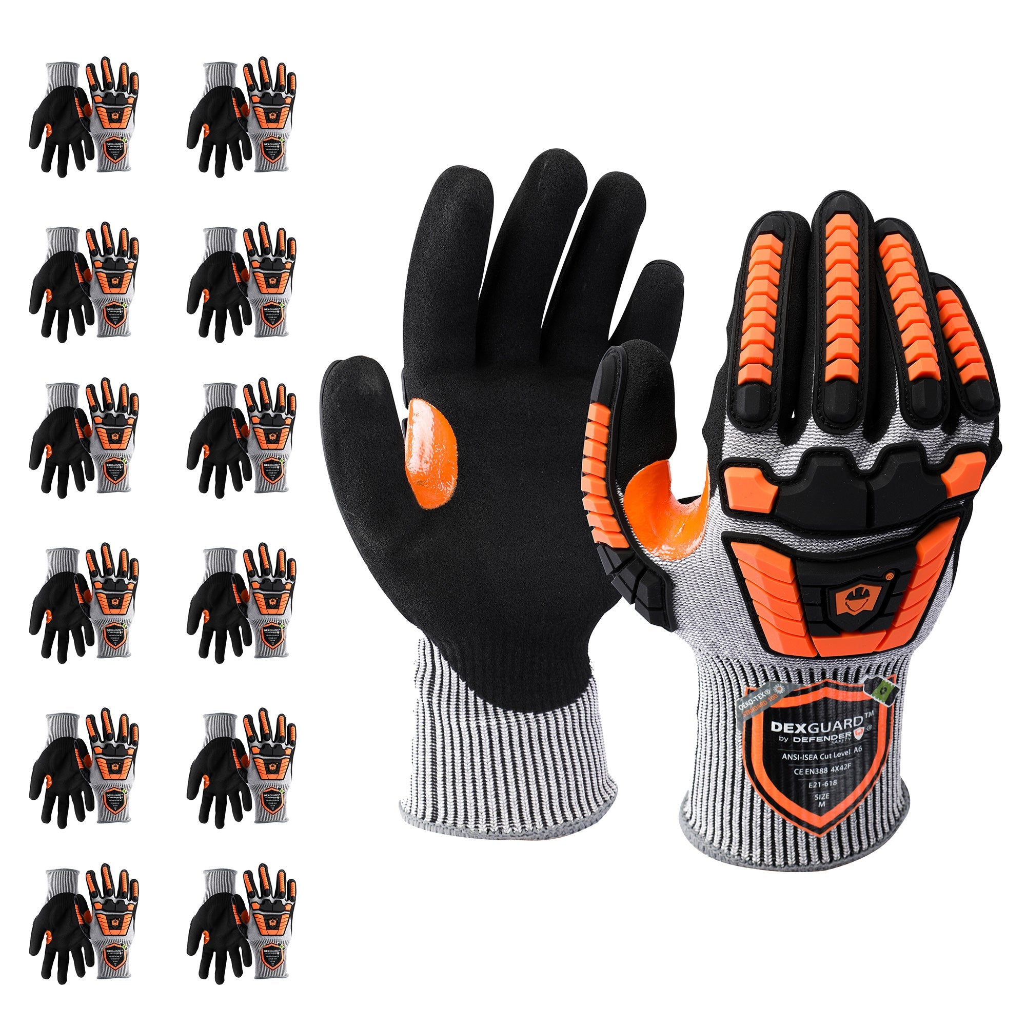 A6 Cut Resistant Gloves (12 Pack), Back of Hand Protection, Level 4 Abrasion Resistant, Textured Nitrile Coating Defender Safety DEXGUARD, Medium