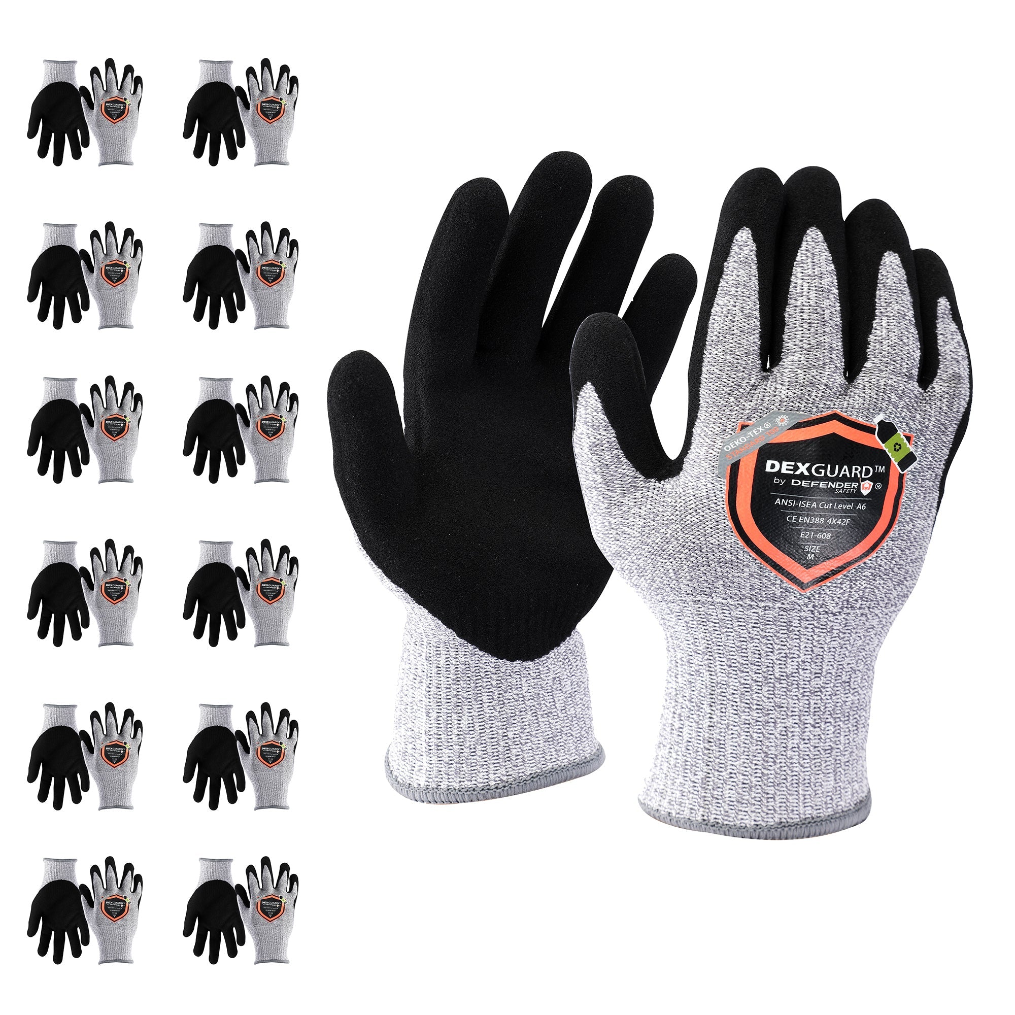 A6 Cut Resistant Gloves, 12 Pair Pack, Level 4 Abrasion Resistant, Textured Nitrile Coating, Touch Screen Compatible DEXGUARD, Small
