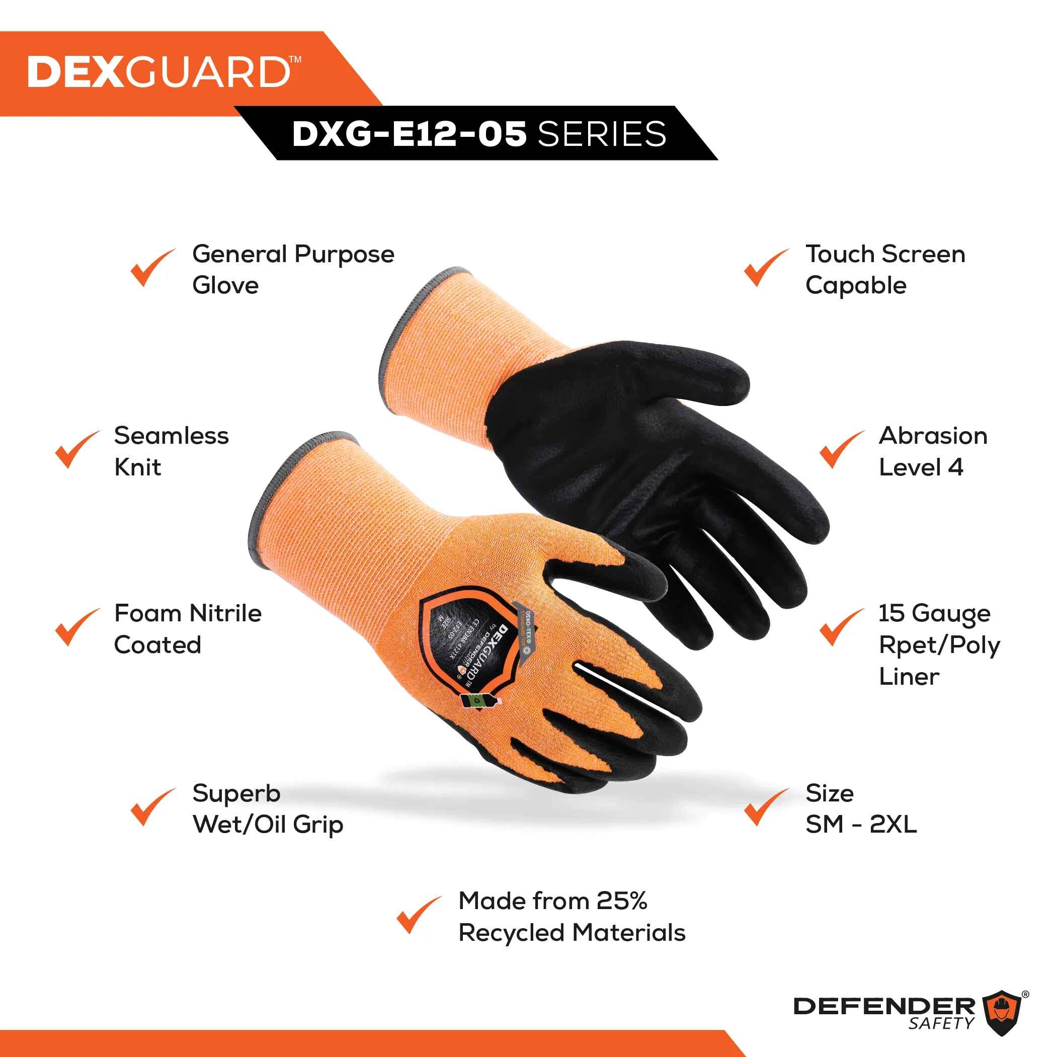 DEXGUARD™ General Purpose Recycled Gloves, Touch Screen Compatible, Abrasion Resistant Level 4, Foam Nitrile Coating - Defender Safety