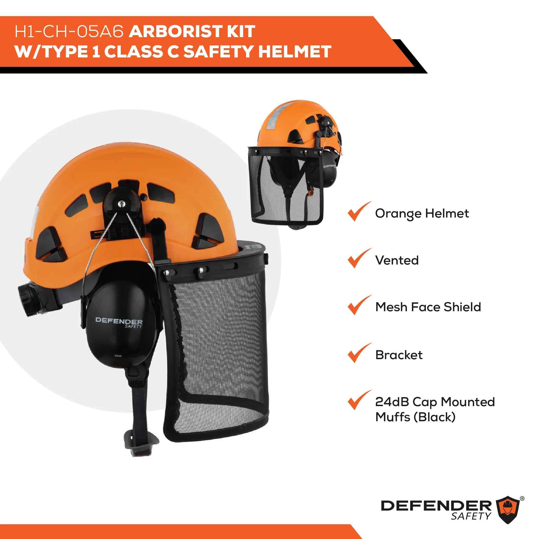 H1-CH Arborist Helmet for Forestry/Tree Safety + Hearing Protection - Defender Safety