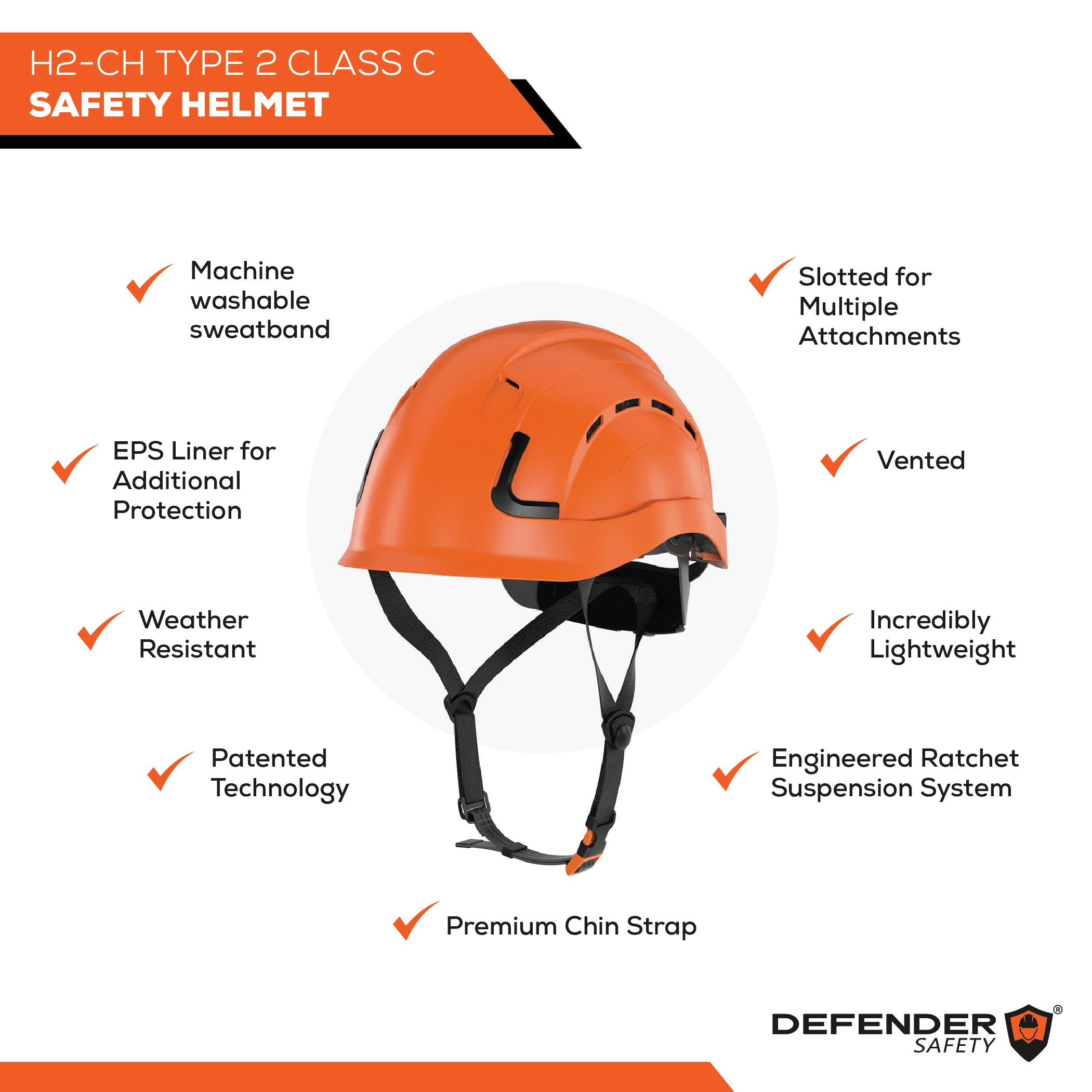H2-CHV Safety Helmet w/ TINTED Visor Type 2 Class C, ANSI Z89 and EN12492 rated - Defender Safety