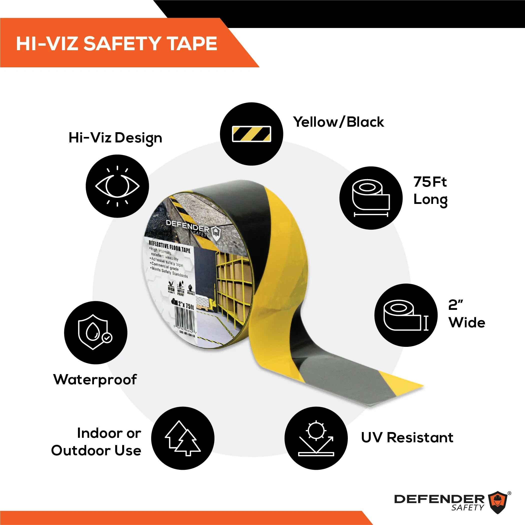 Hi-Viz Adhesive Floor Tape. 2"x 75' Yellow and Black. - Defender Safety