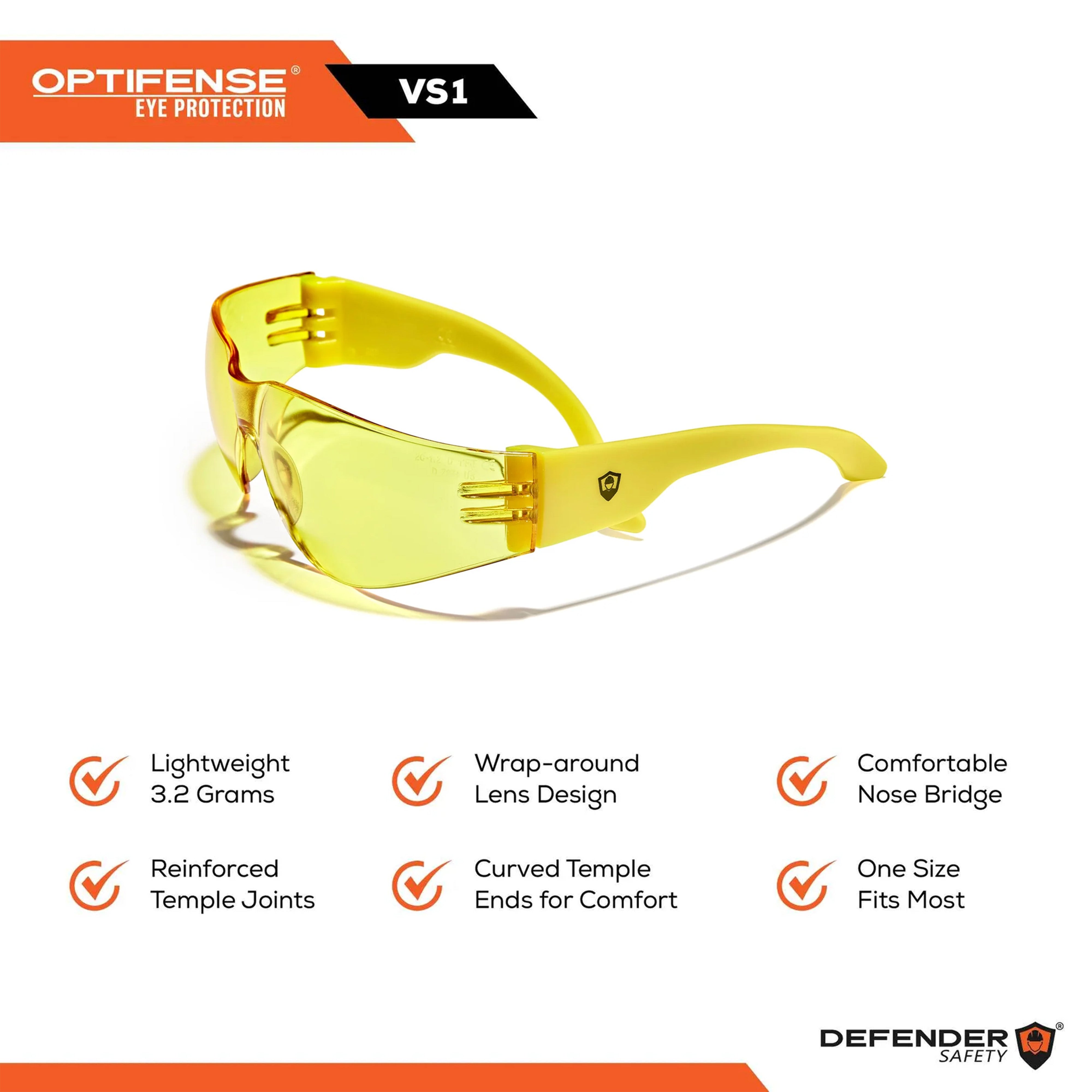 OPTIFENSE™ VS1AF AMBER Safety Glasses w ANTI-FOG, ANSI Z87+, 30pc per Box - Defender Safety